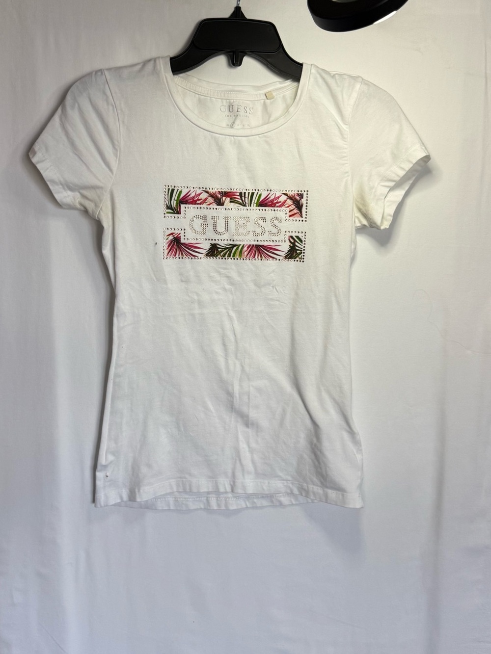 GUESS White Tee with Pink & Green Palm Logo